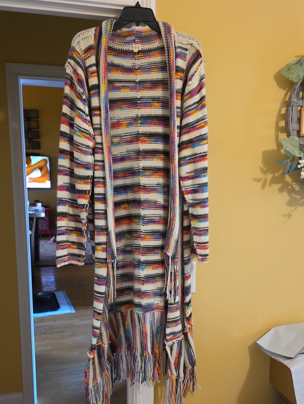 POL Multicolor Striped Fringe Open-Front Cardigan